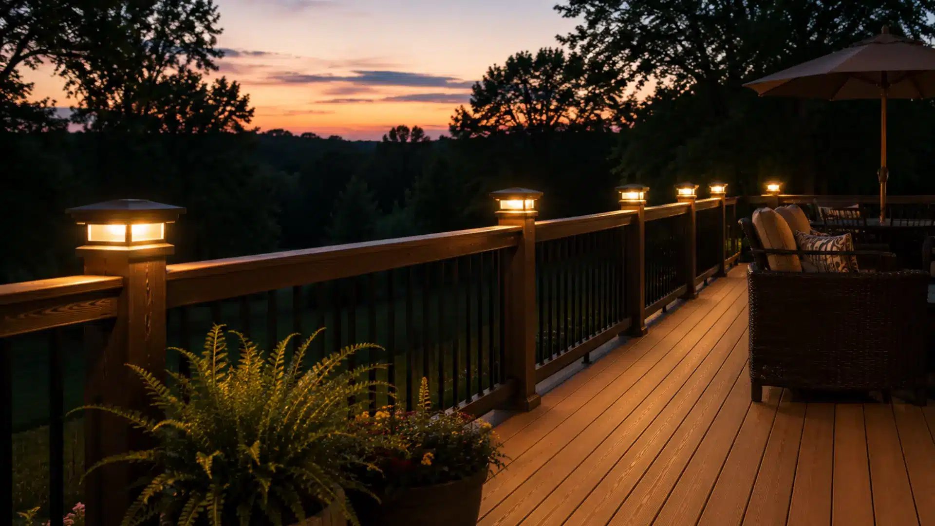Lantern-style light fixtures mounted on backyard deck railing posts, glowing warmly at dusk
