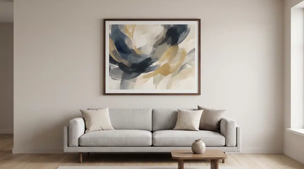 Living room with a single oversized framed abstract art print centered on a feature wall above a sofa