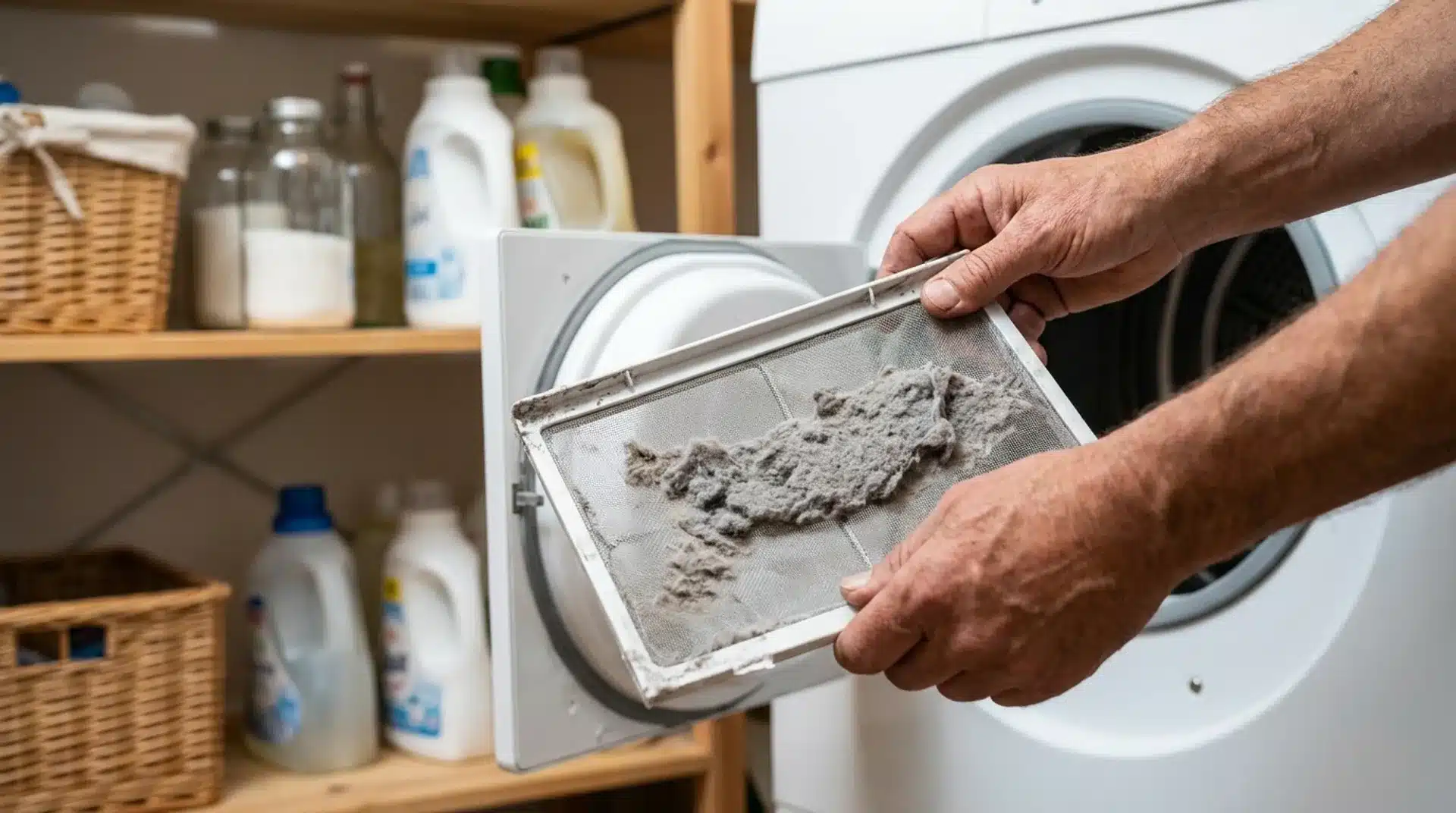 Person removing lint from a dryer's lint trap in a home laundry room