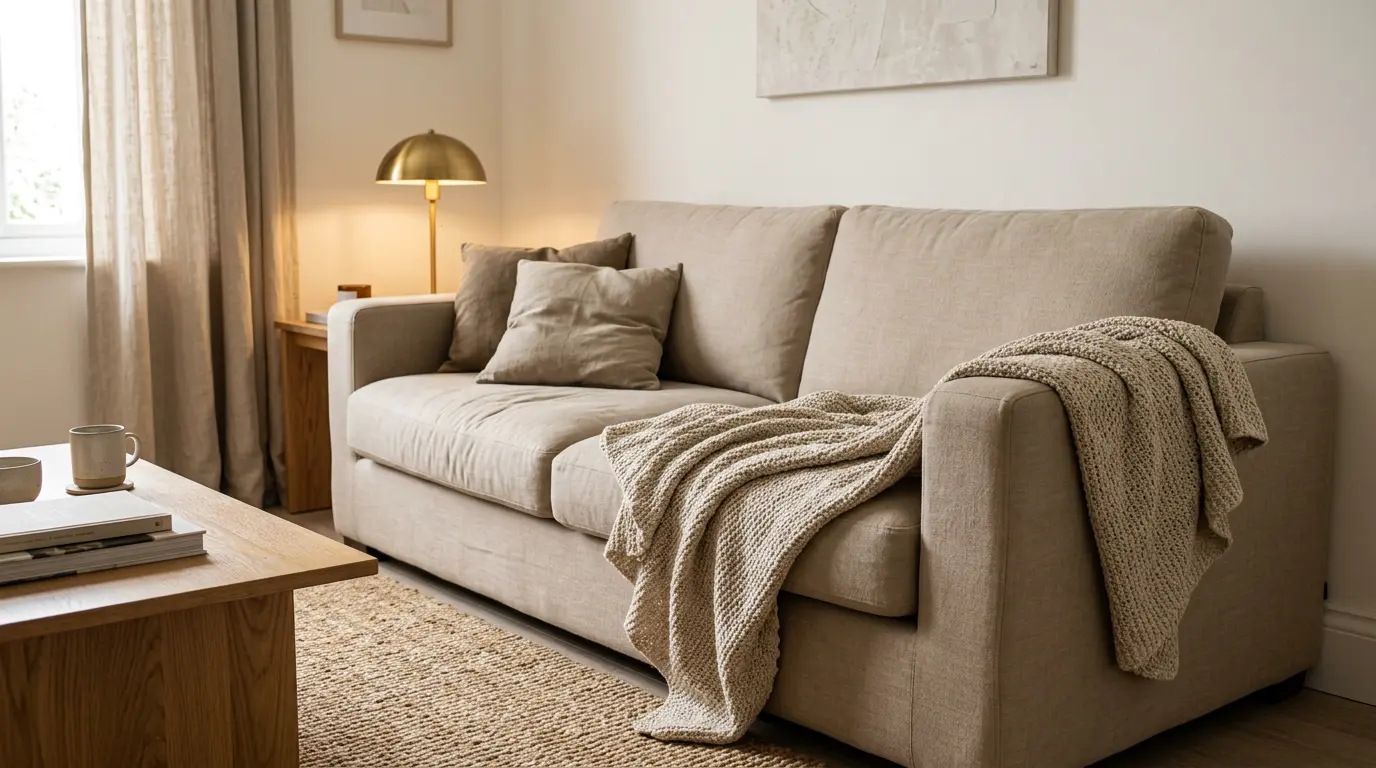 textured throw draped diagonally over one sofa arm, adding a relaxed, warm, and lived-in look