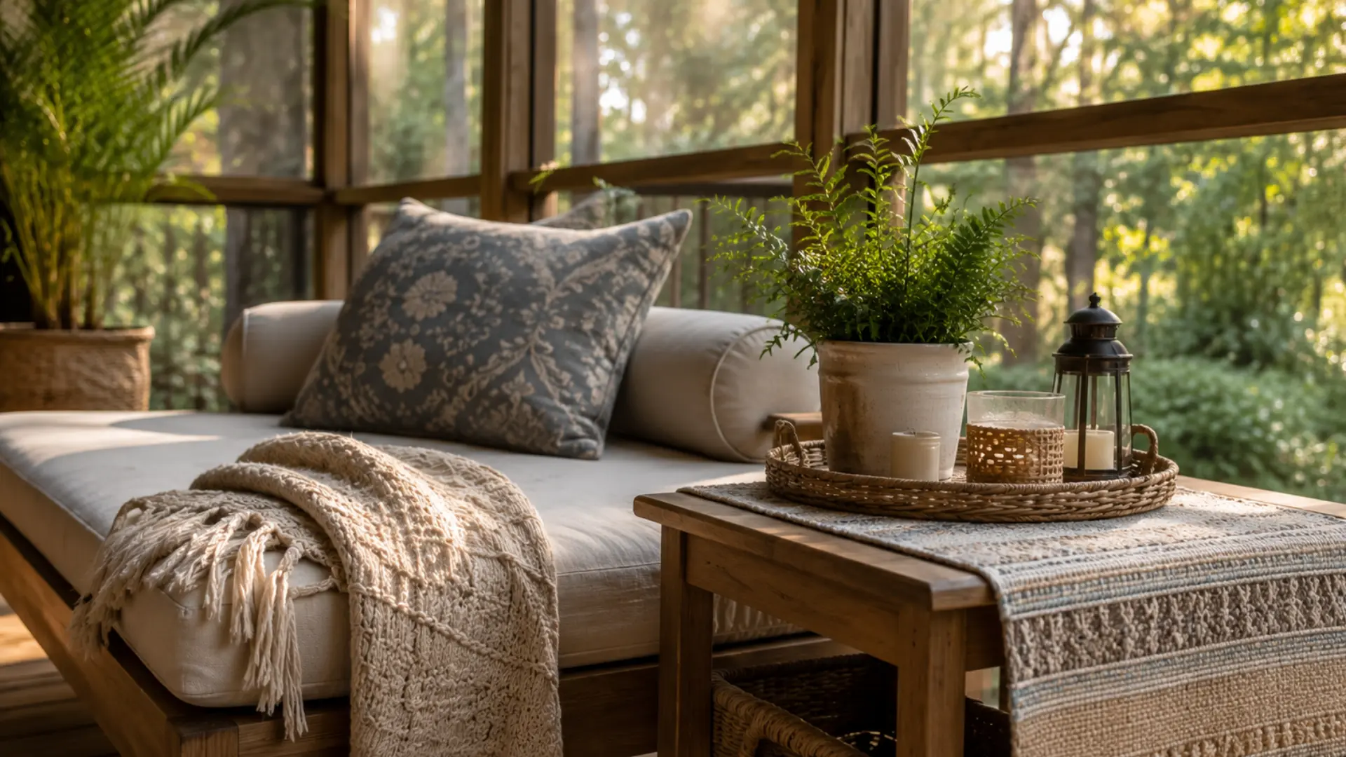 Layered textiles adding texture to screen porch ideas beyond cushions