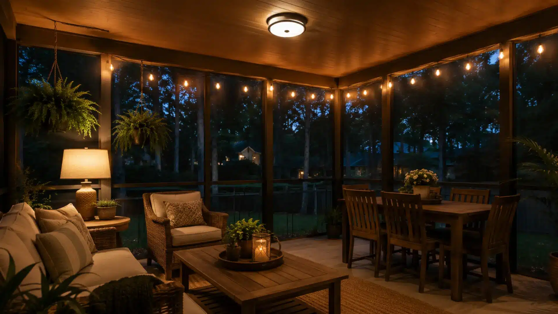 Layered lighting ideas for a screened porch at dusk