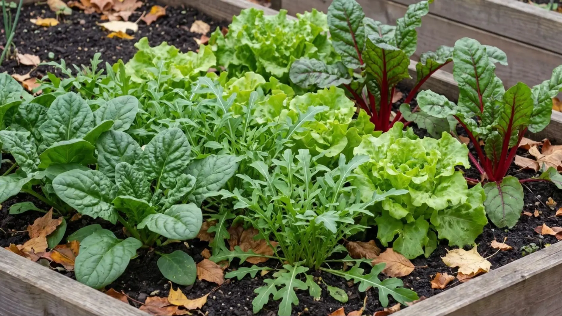 Spinach, arugula, lettuce, and Swiss chard growing in a fall garden bed