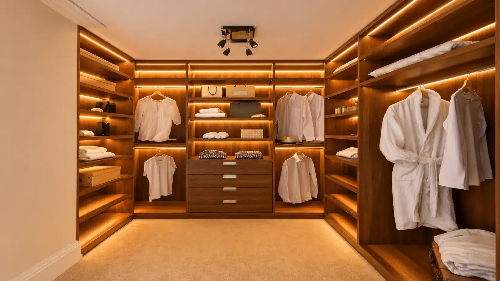Warm LED strip lighting highlights shelving, creating a luxurious walk-in closet with a soft ambient glow.