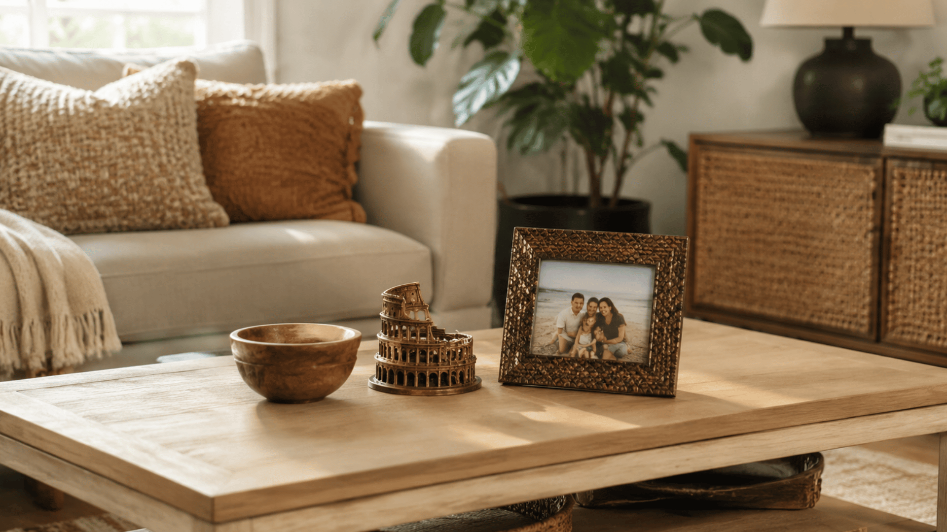 light wooden coffee table with framed family photo decorative bowl and colosseum figurine in front of a cozy sofa with textured cushions