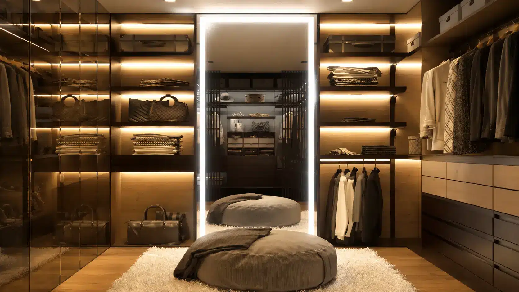 Luxurious walk-in closet with warm wood shelving, glowing LED-lit mirror, and neatly arranged clothes, softly lit ambiance.