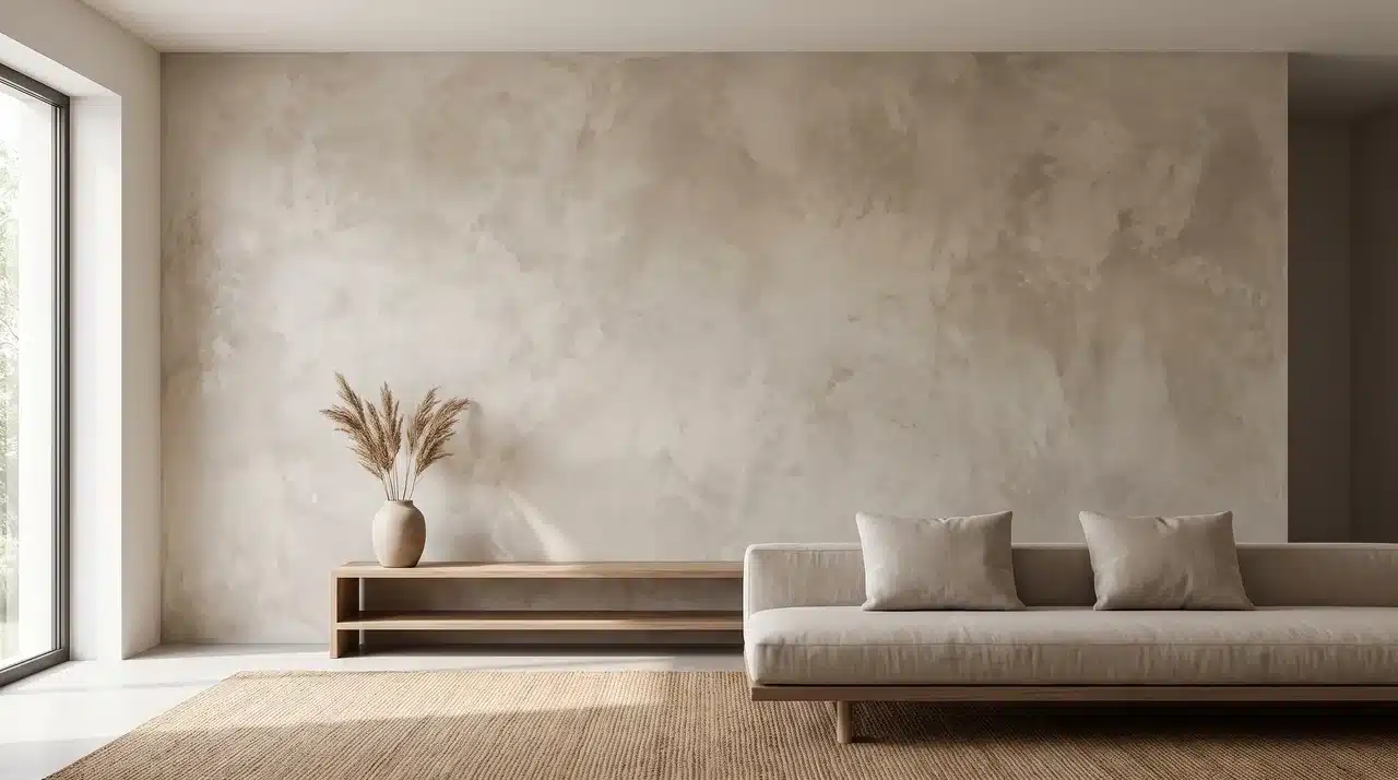 Limewash-painted feature wall with a soft textured finish and natural tonal variation in a modern living room