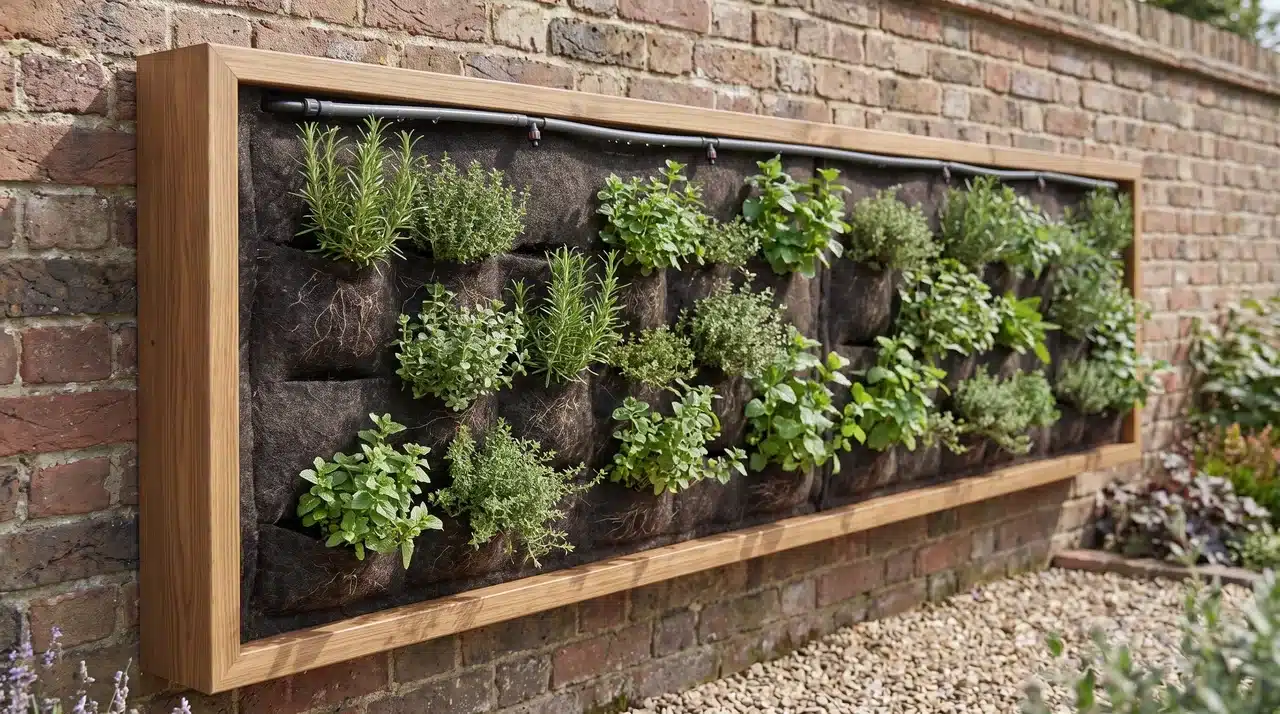 Framed living herb wall panel with felt growing medium, drip irrigation, and herbs growing across the surface