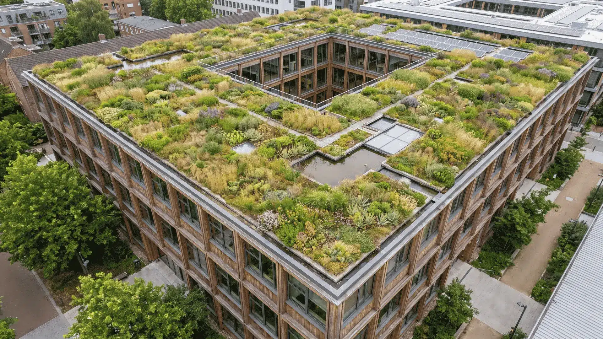 Green roof covered with plants showing sustainable living roof design.