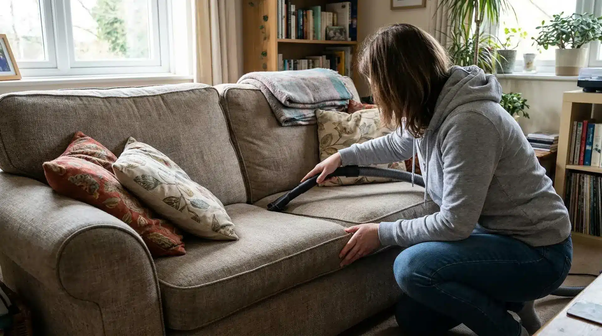 Person vacuuming couch cushions and crevices in a sunlit living room