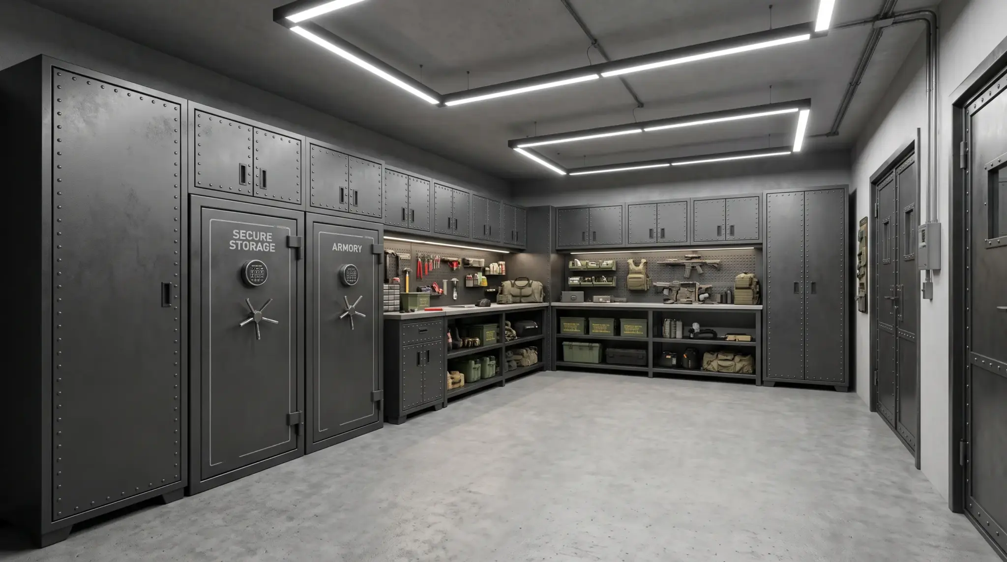 Garage gun room with lockable steel cabinets and integrated safes for secure firearm storage.