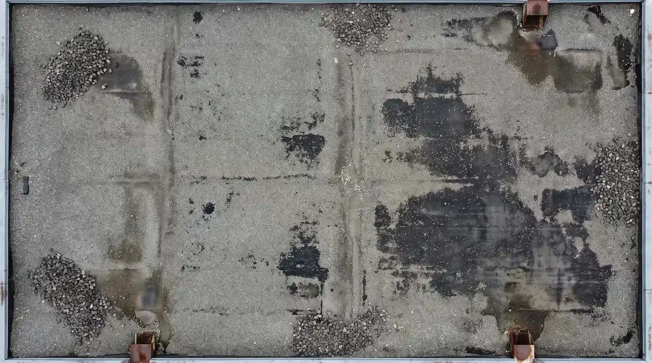 Flat tar and gravel roof with loose gravel piles, thin coverage, and exposed asphalt areas