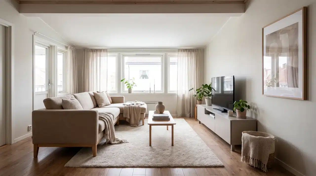 Low ceiling living room with raised furniture, open floor space, and warm modern interior design.