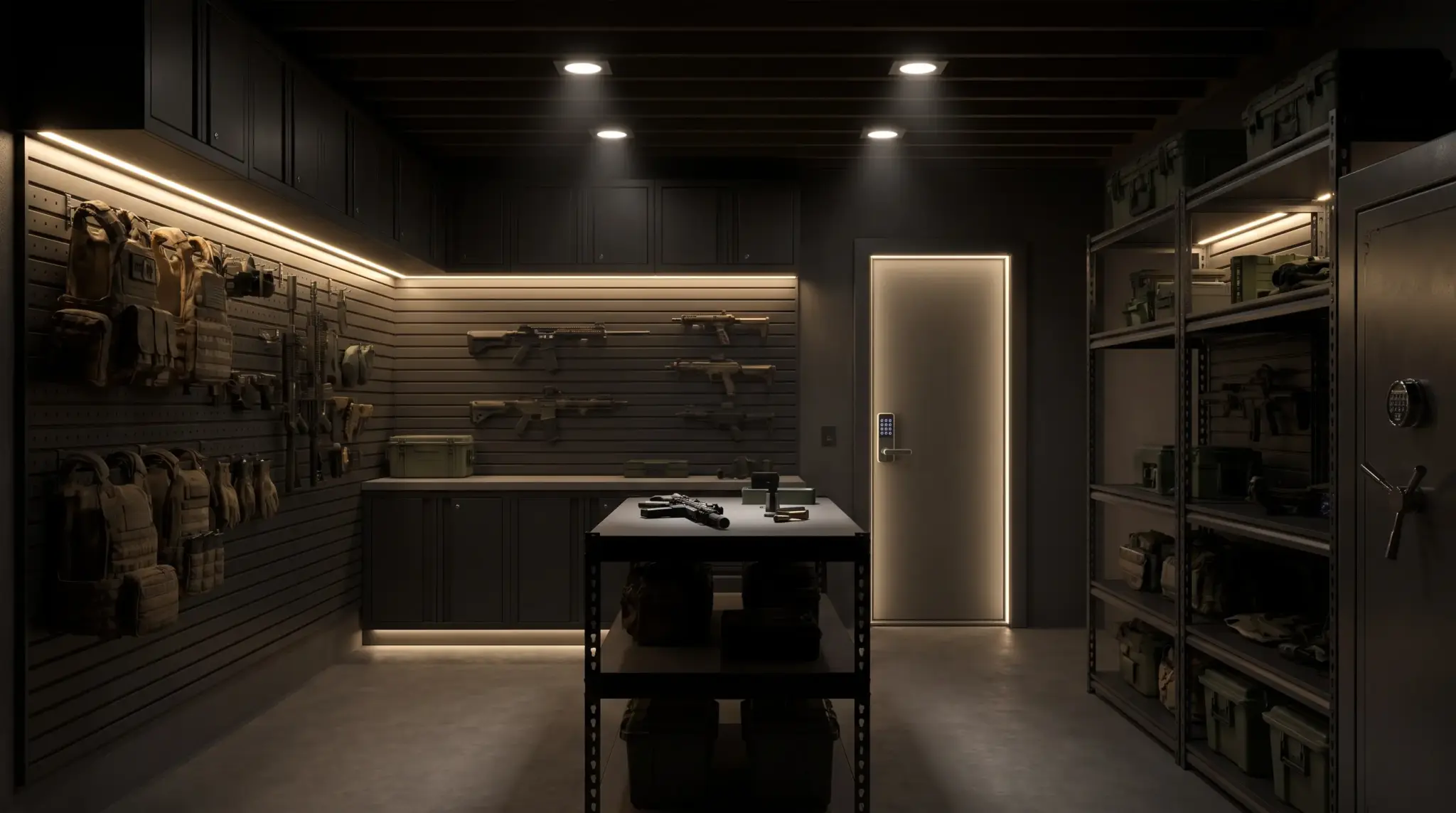 Basement gun room illuminated by LED lighting for safe visibility and organized firearm storage.