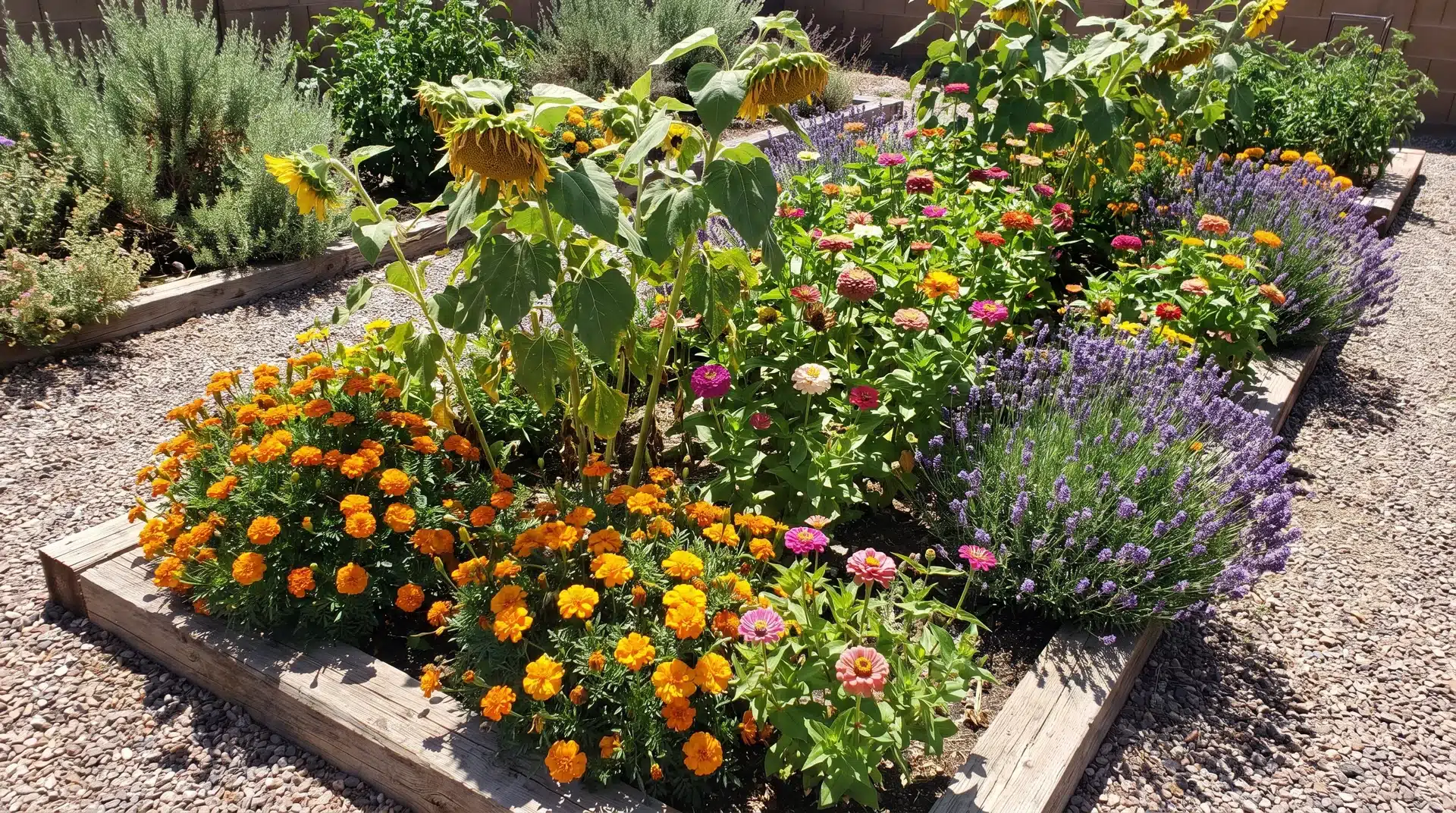 Beginner flower garden with marigolds, sunflowers, zinnias, and lavender growing together