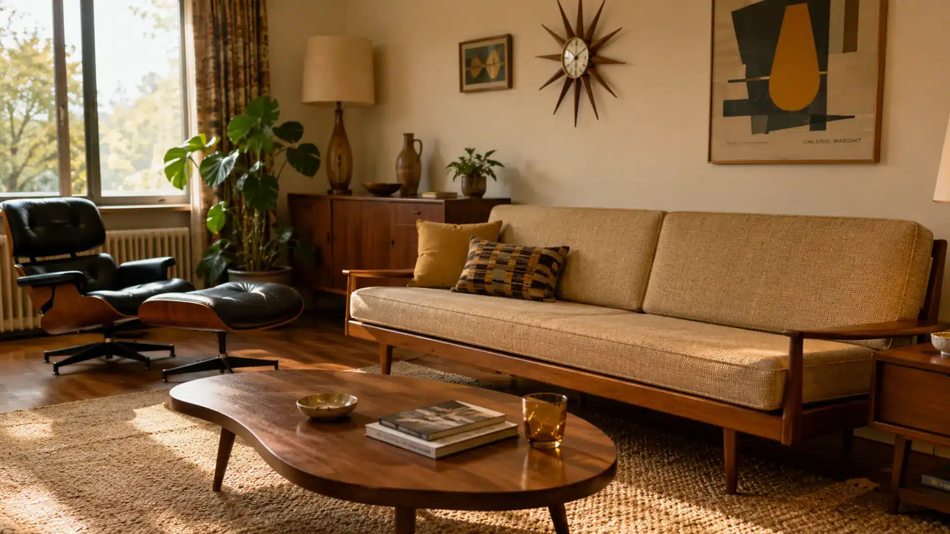 Teak sofa and Eames lounge chair in a 1950s mid-century modern living room