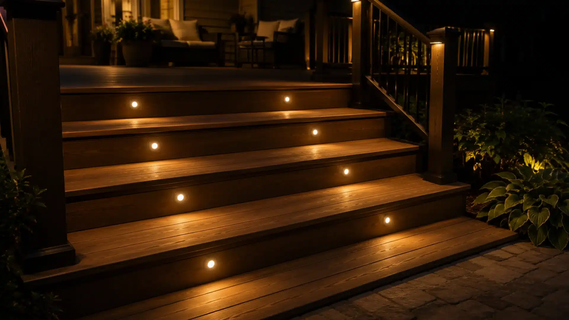 Backyard deck stairs at night, lit by low-voltage lighting embedded into each stair tread