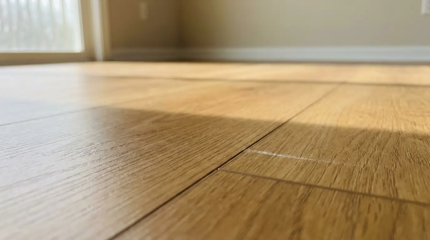 Close-up of sunlit wood grain floorboards in a brightly lit room