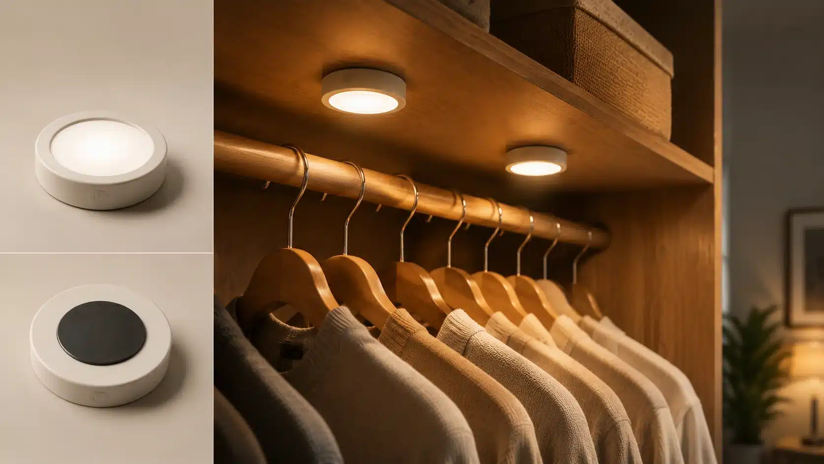 Magnetic closet lights shown with detachable puck design beside a softly lit wooden wardrobe with warm ambient lighting.