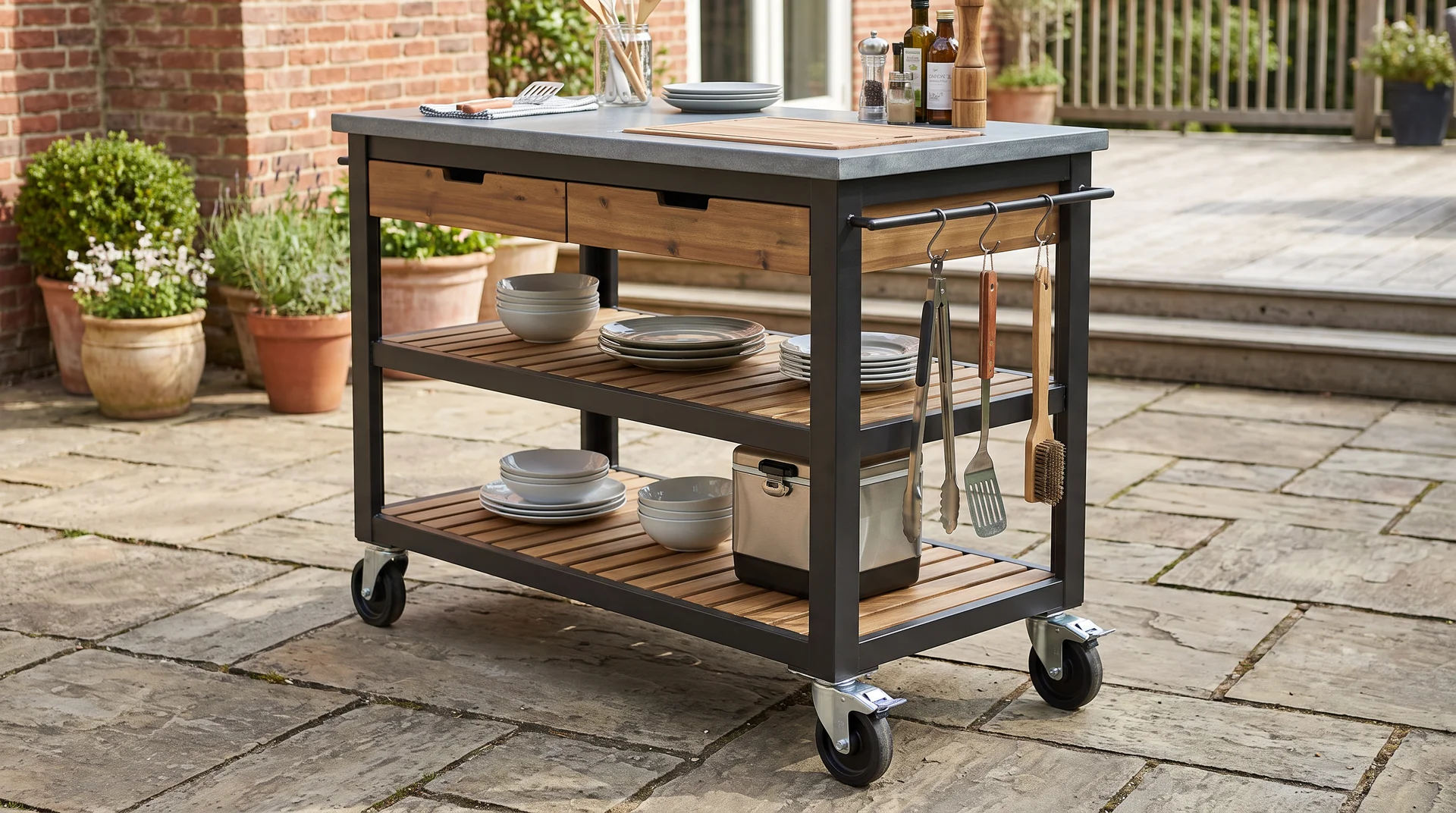 Portable outdoor kitchen cart with wheels, countertop, shelves, and grilling tools on a patio