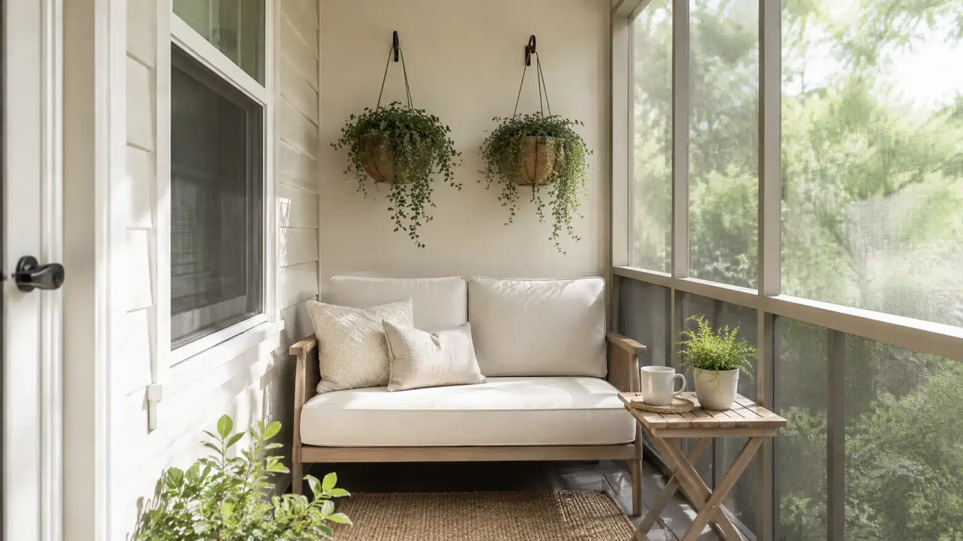 Small screened patio ideas using compact furniture and wall storage