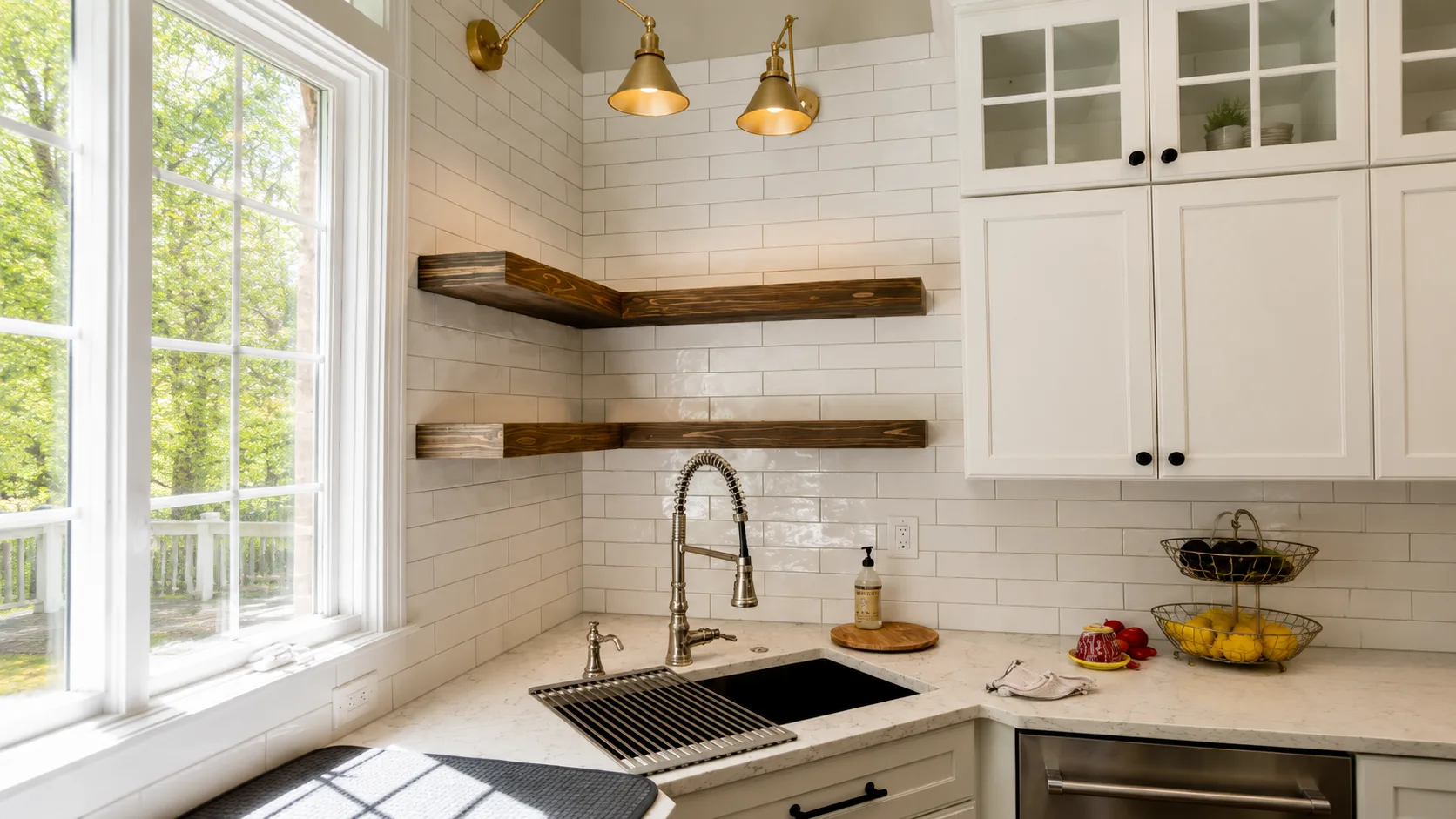 Bright farmhouse kitchen with wooden floating shelves, white subway tile backsplash, brass lights, marble countertop, and natural window light.