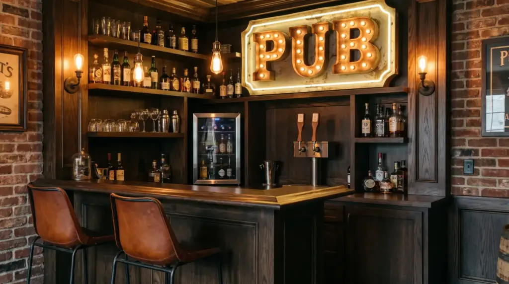 Mini bar setup with stools and wall sign in a compact man cave.