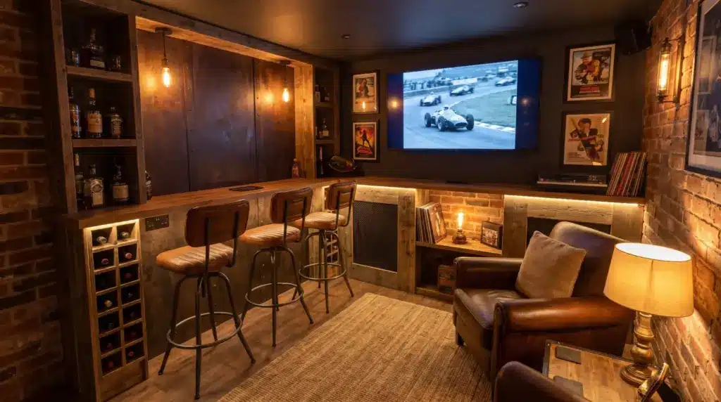 Bar stools creating a social seating area in a compact man cave.