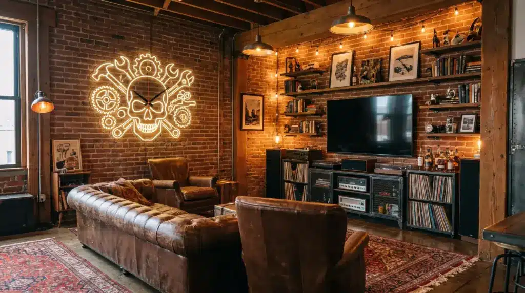 Novelty neon clock adding personality to a modern man cave wall.