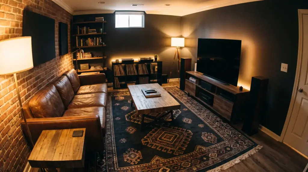 Dark area rug defining a comfortable seating space in a modern man cave.