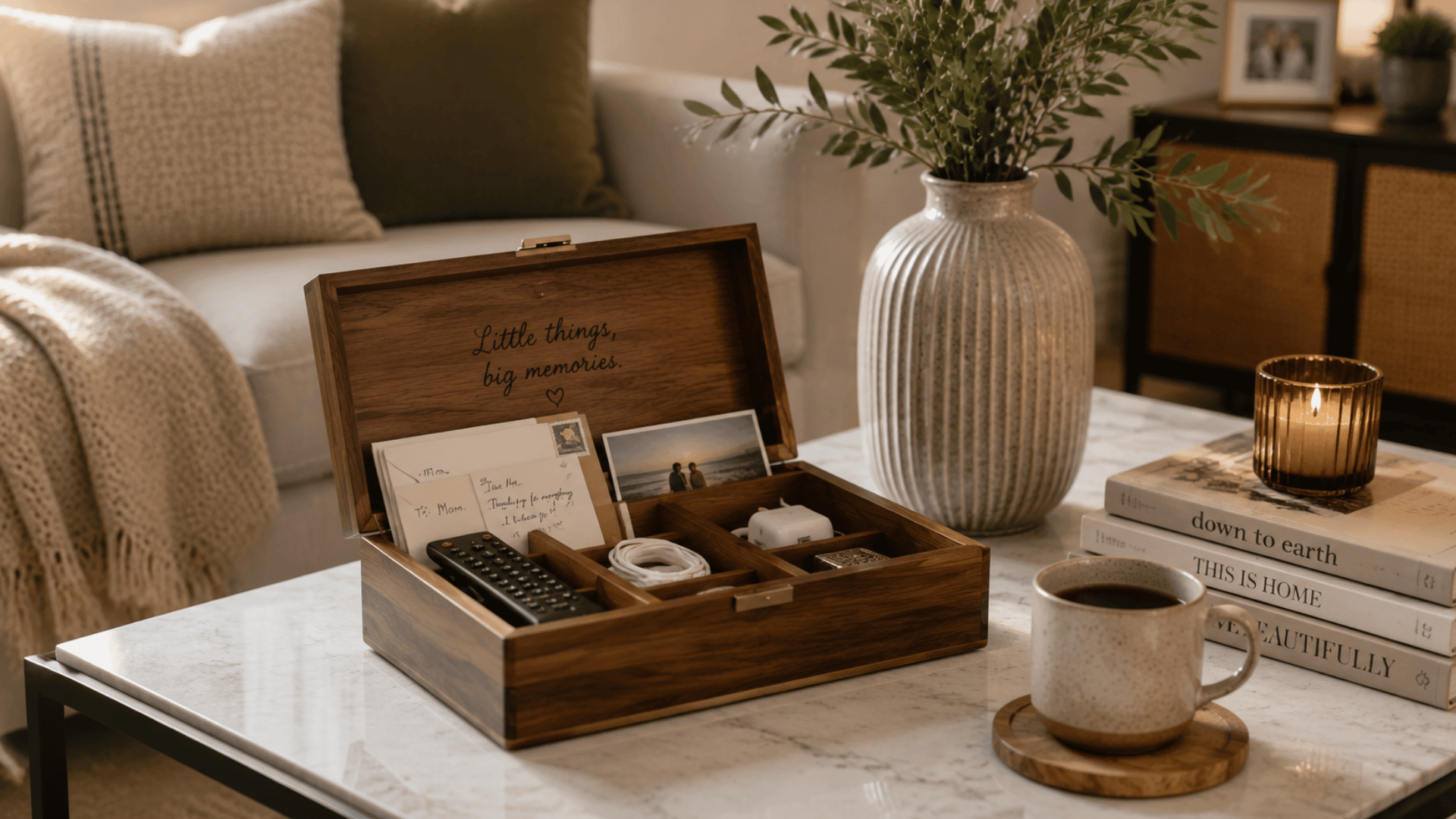 marble coffee table with keepsake box coffee mug books lit candle and leafy vase beside a cozy sofa with soft cushions