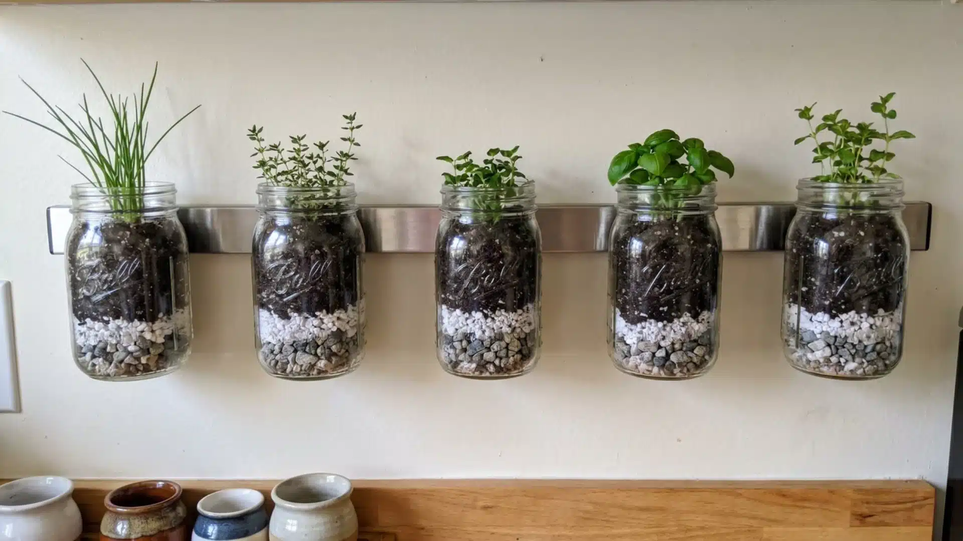 mason jars on magnetic strip with gravel layer soil and chives thyme basil growing inside