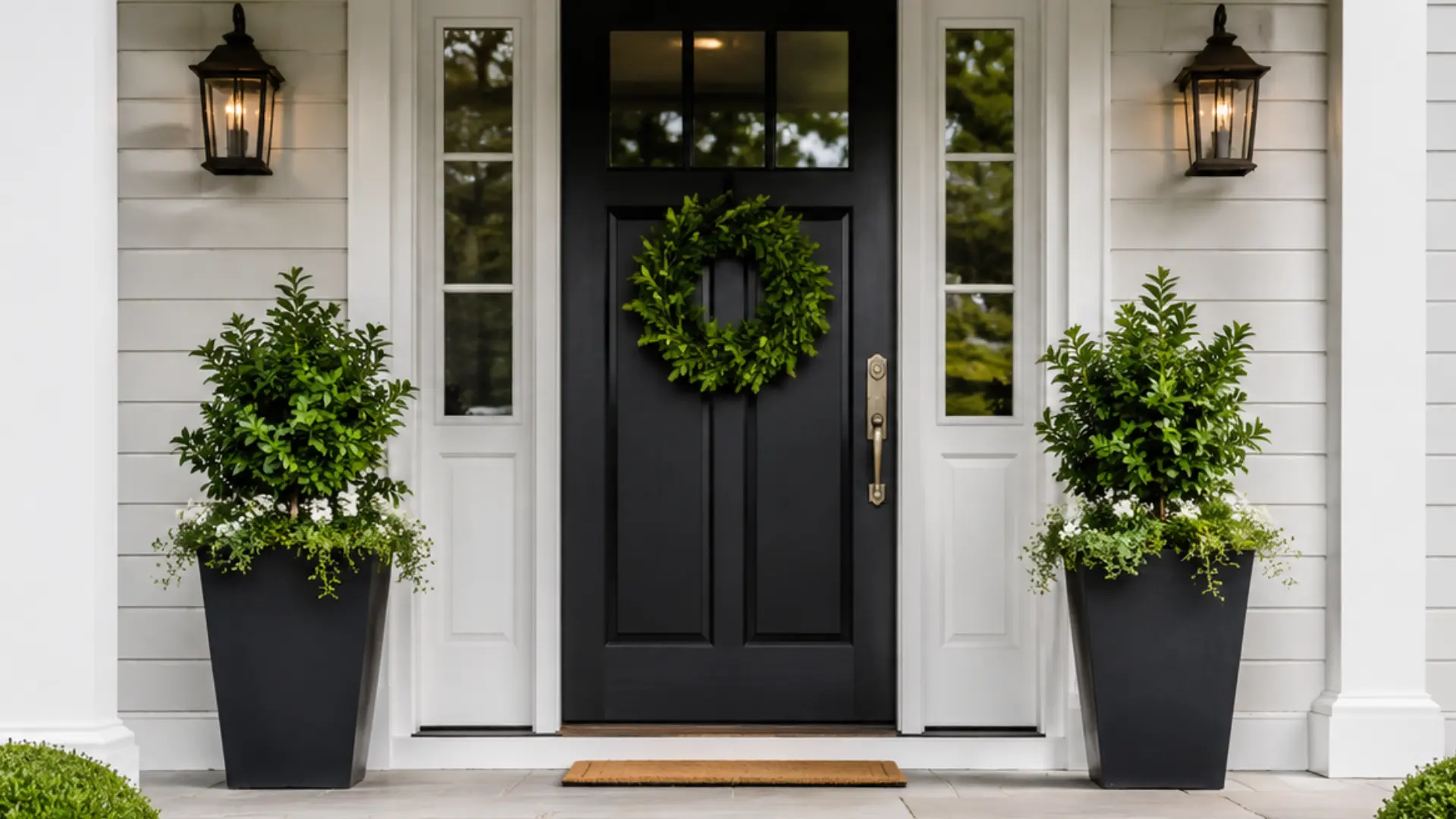 Matching planters flanking a front door for curb appeal