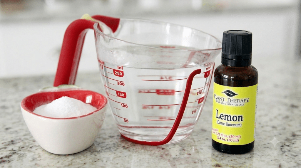 measuring cup with water, baking soda, and lemon essential oil for mixing a diy toilet bowl cleaner recipe