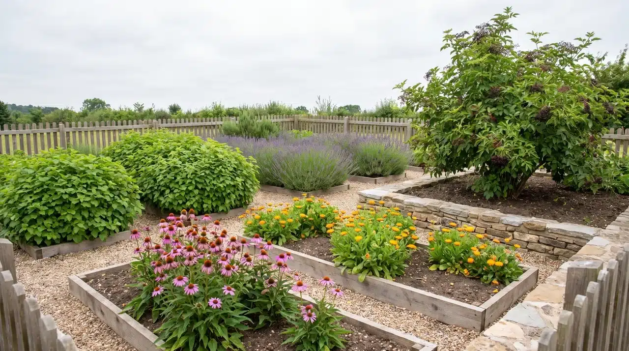 Medicinal herb garden with echinacea, calendula, lavender, lemon balm, and an elderberry shrub in separate planting areas