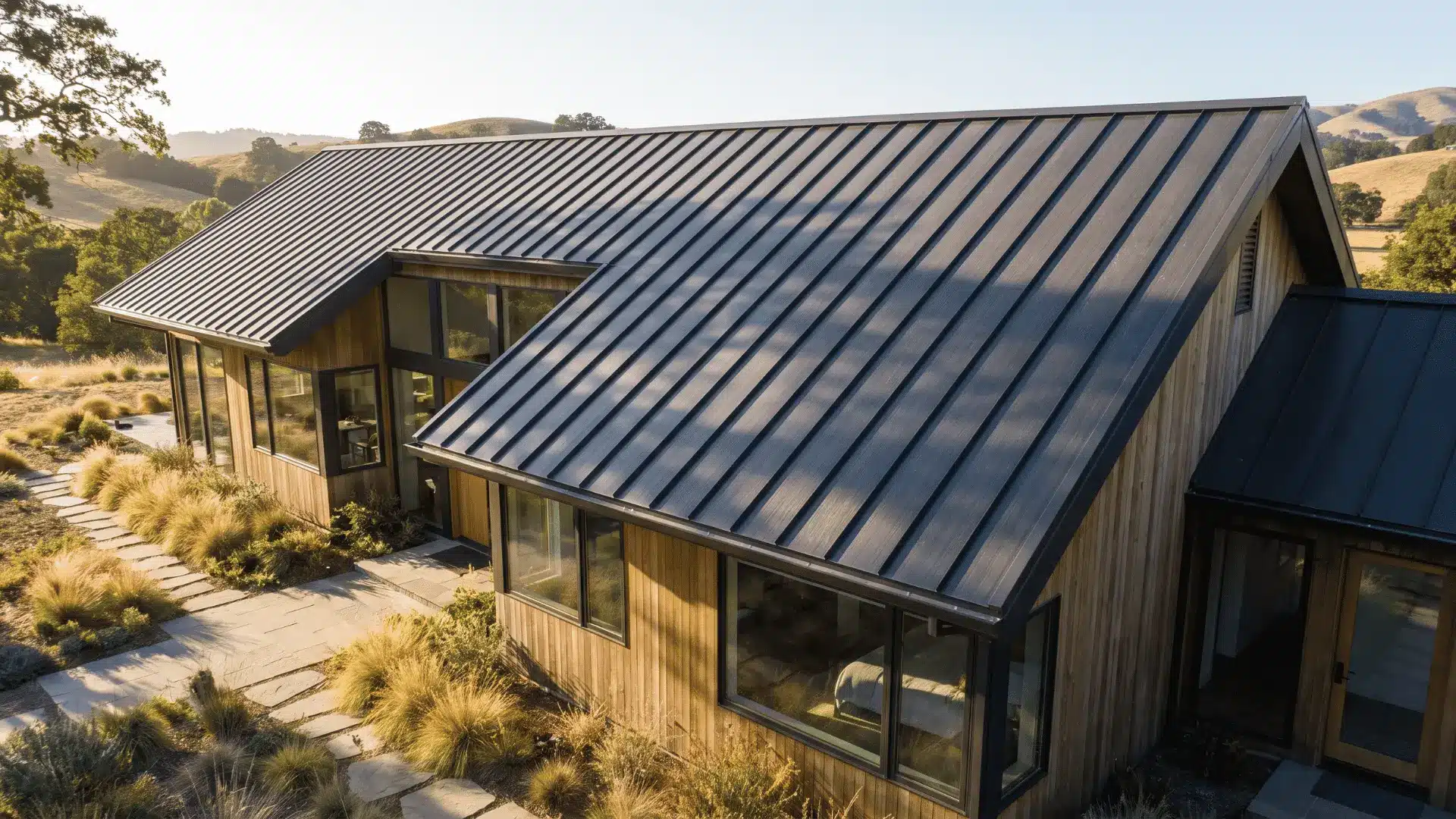 Modern home with durable recyclable metal roofing under natural light.