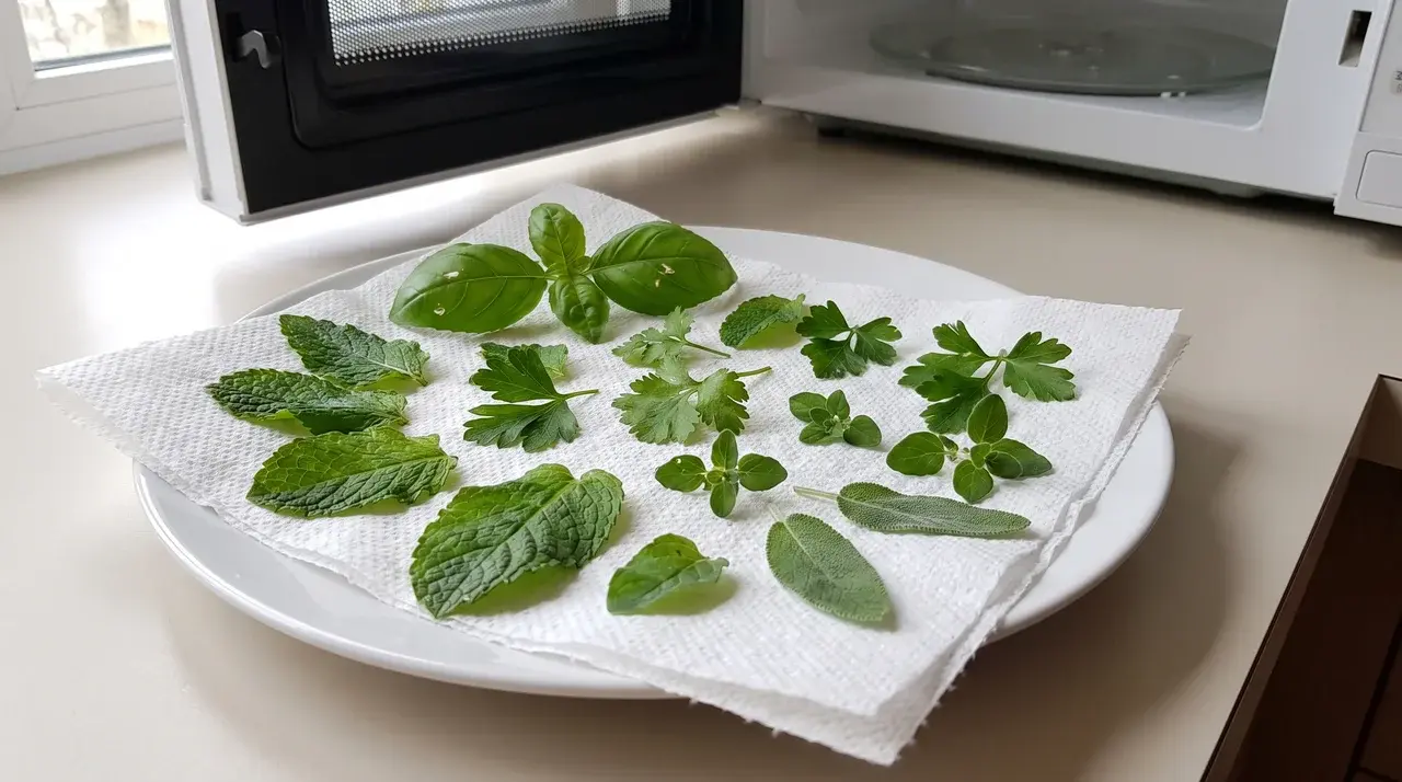 Herb leaves arranged between paper towels on a ceramic plate, microwave visible in background.