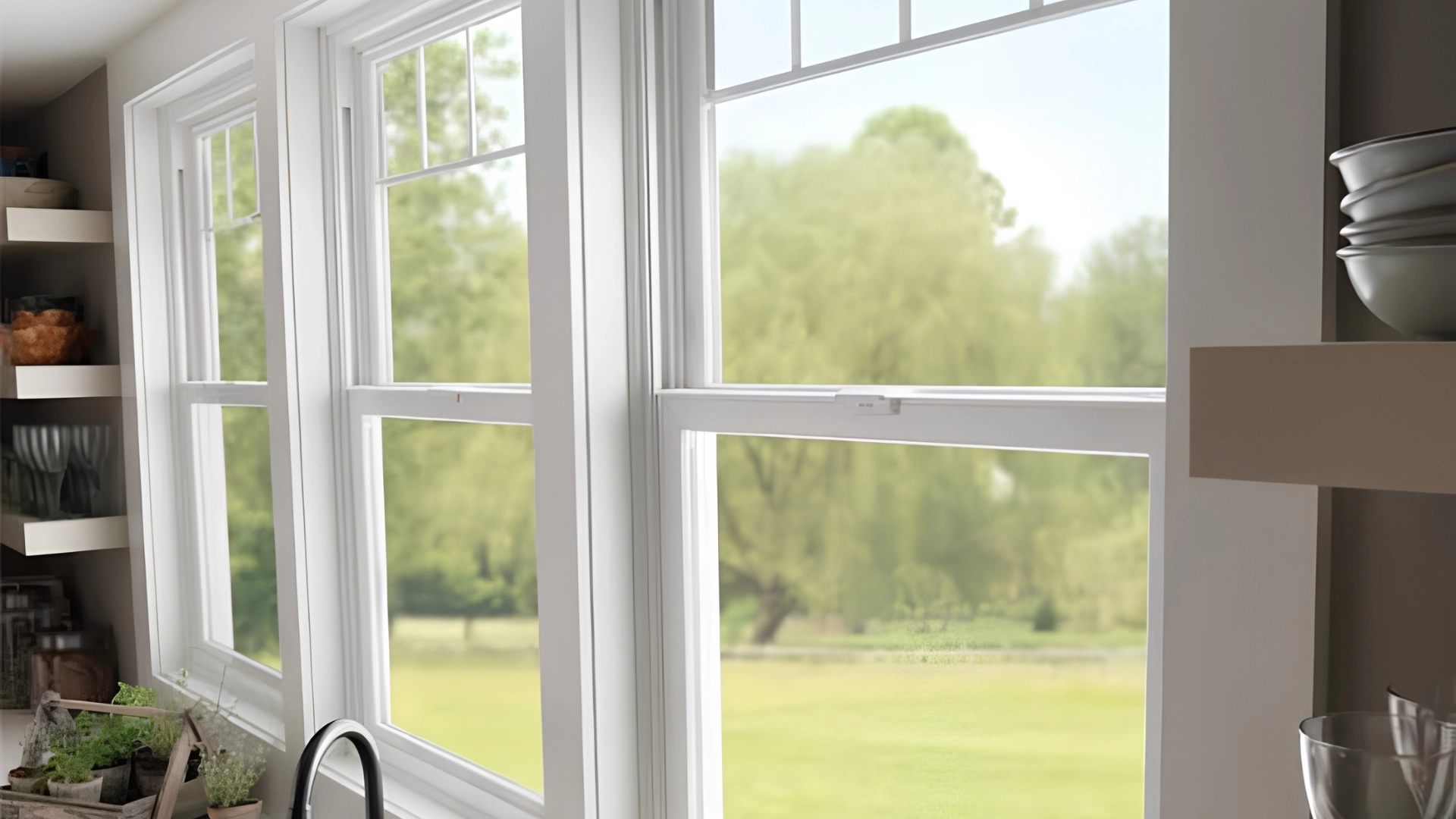 White vinyl double-hung kitchen window overlooking a bright green lawn and trees outside.