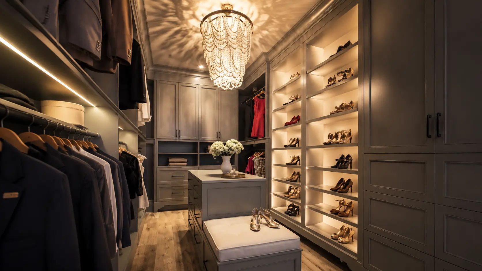 Luxury walk-in closet with glowing shelving and a crystal chandelier casting dramatic ambient light.