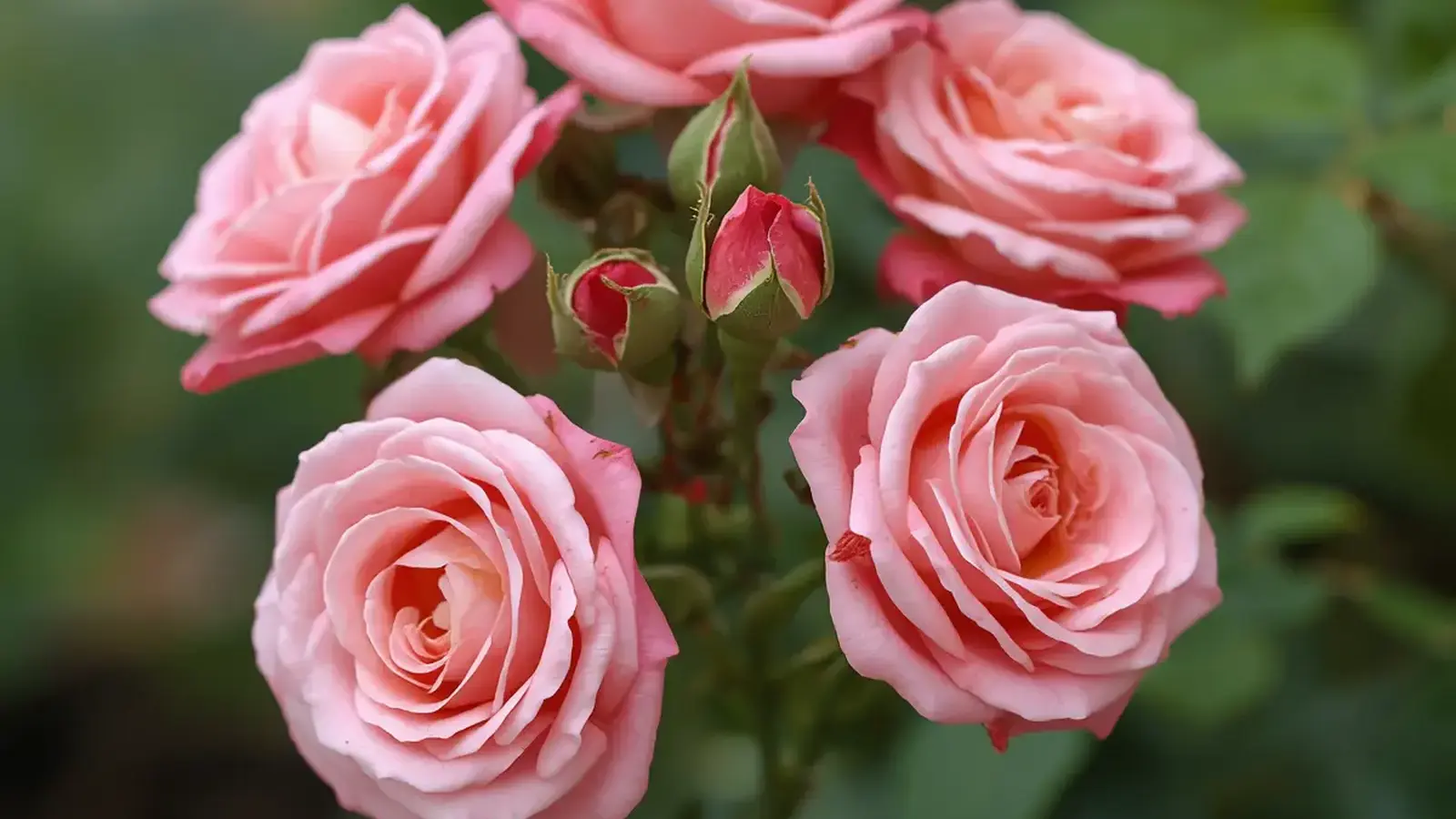 cluster of soft pink miniature roses with two unopened buds against blurred green foliage