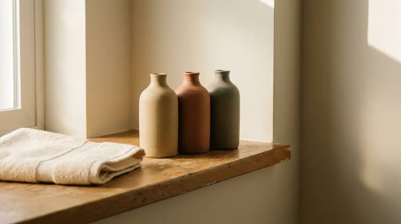 Three ceramic vases on wooden windowsill with folded towel nearby in soft natural light