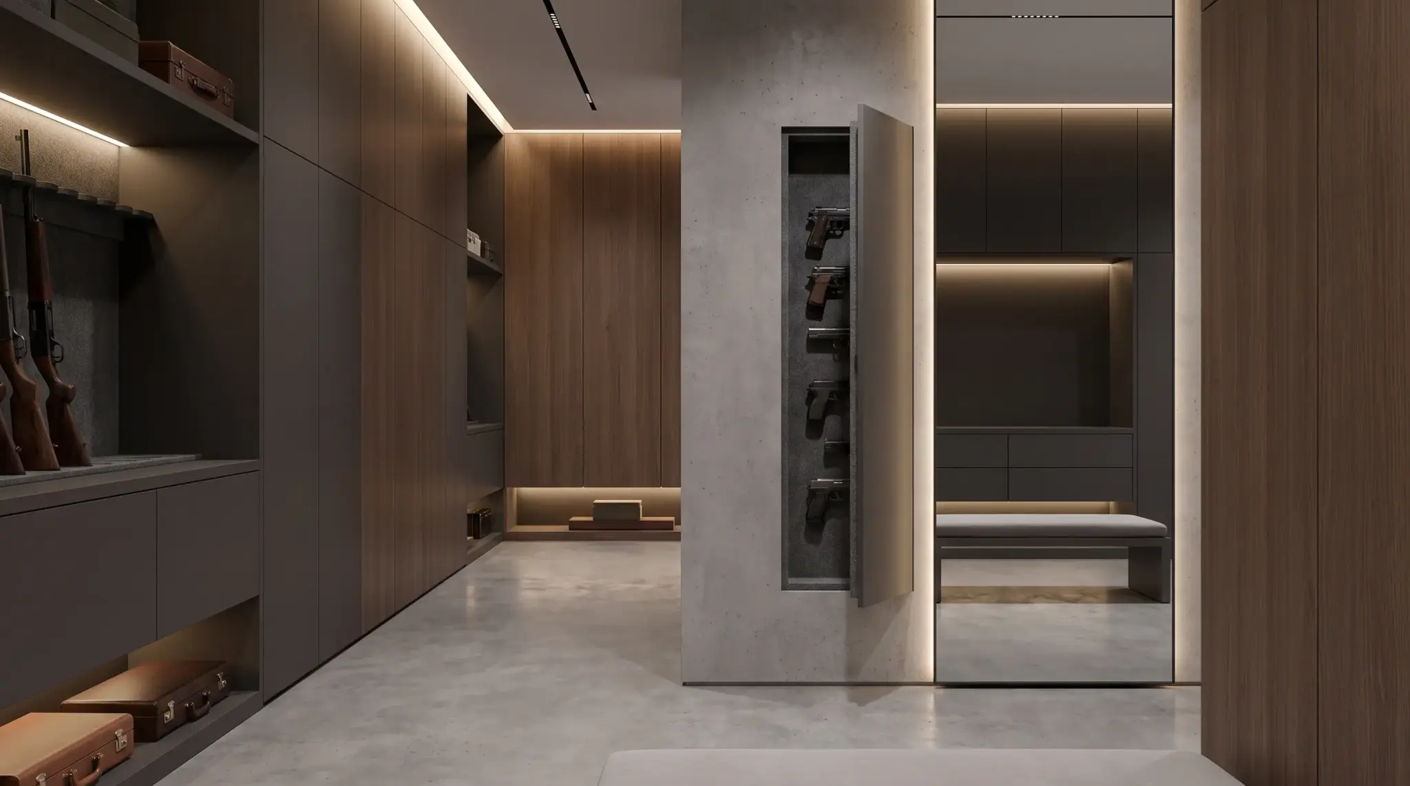 Modern gun room featuring hidden storage compartments and a clean minimalist design.