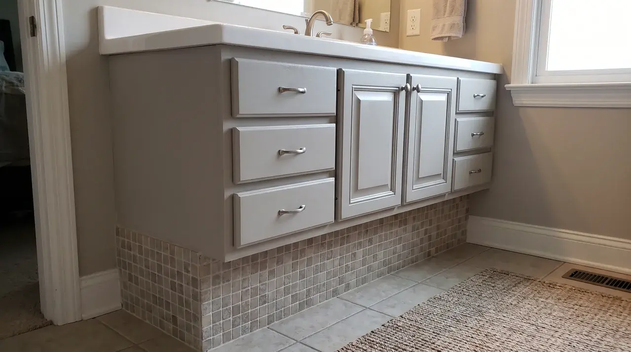 Vanity cabinet with a tiled toe kick panel below painted wood drawers and doors