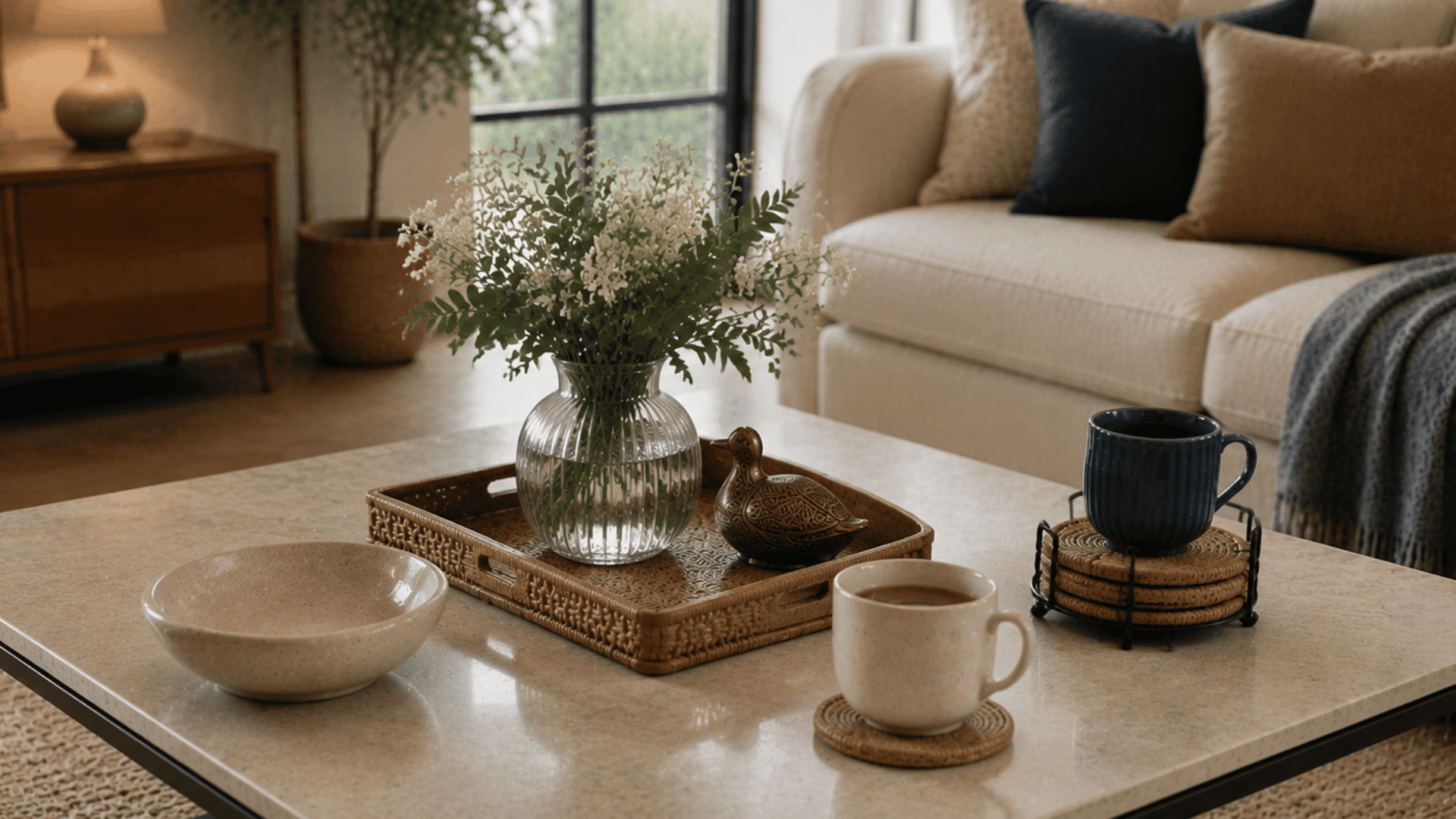 modern coffee table with flower vase woven tray coffee mugs decorative bowl and bird accent in front of a cozy cream sofa
