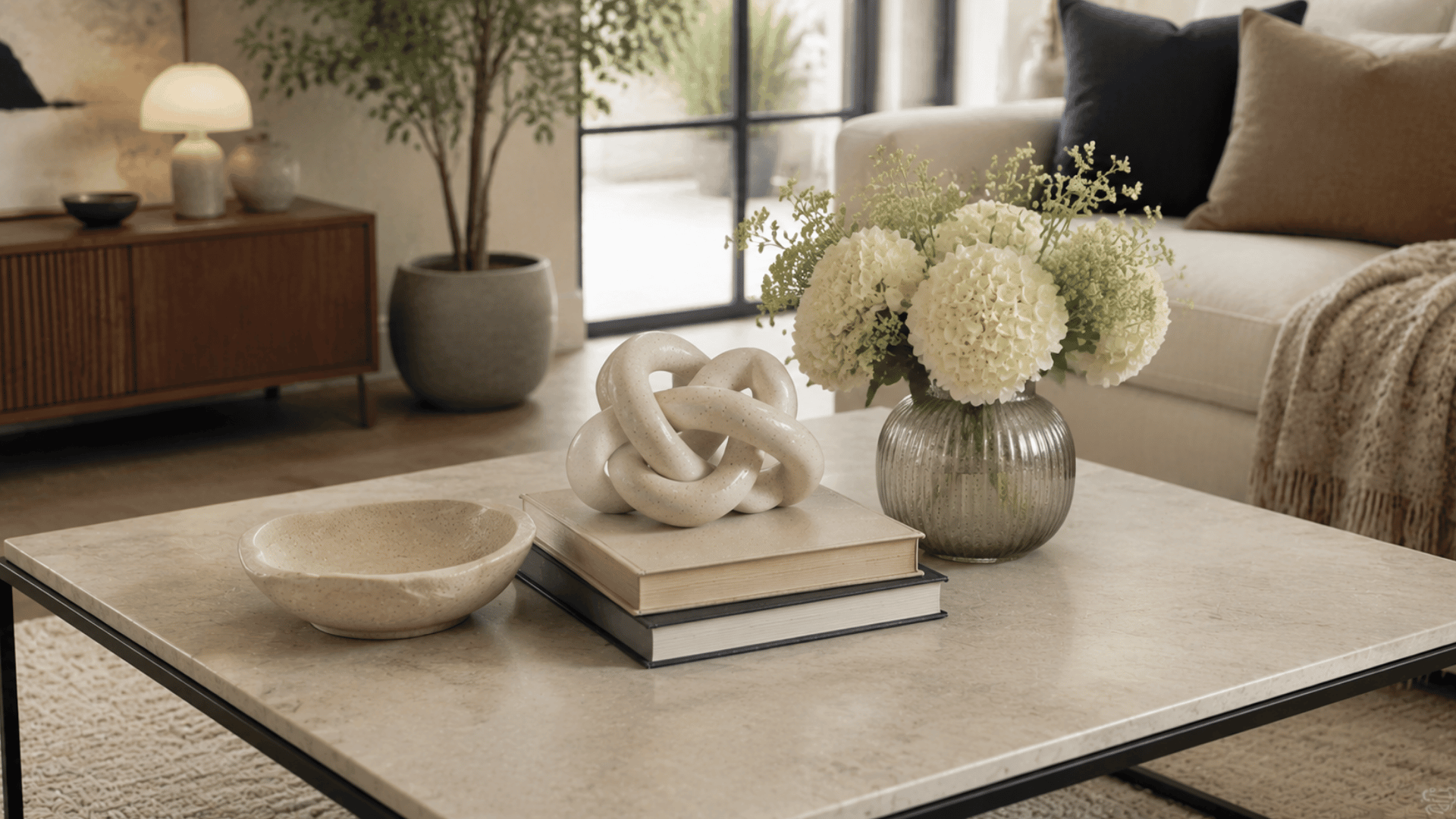 modern coffee table with white floral arrangement ceramic sculpture stacked books and decorative bowl in front of a bright cozy sofa