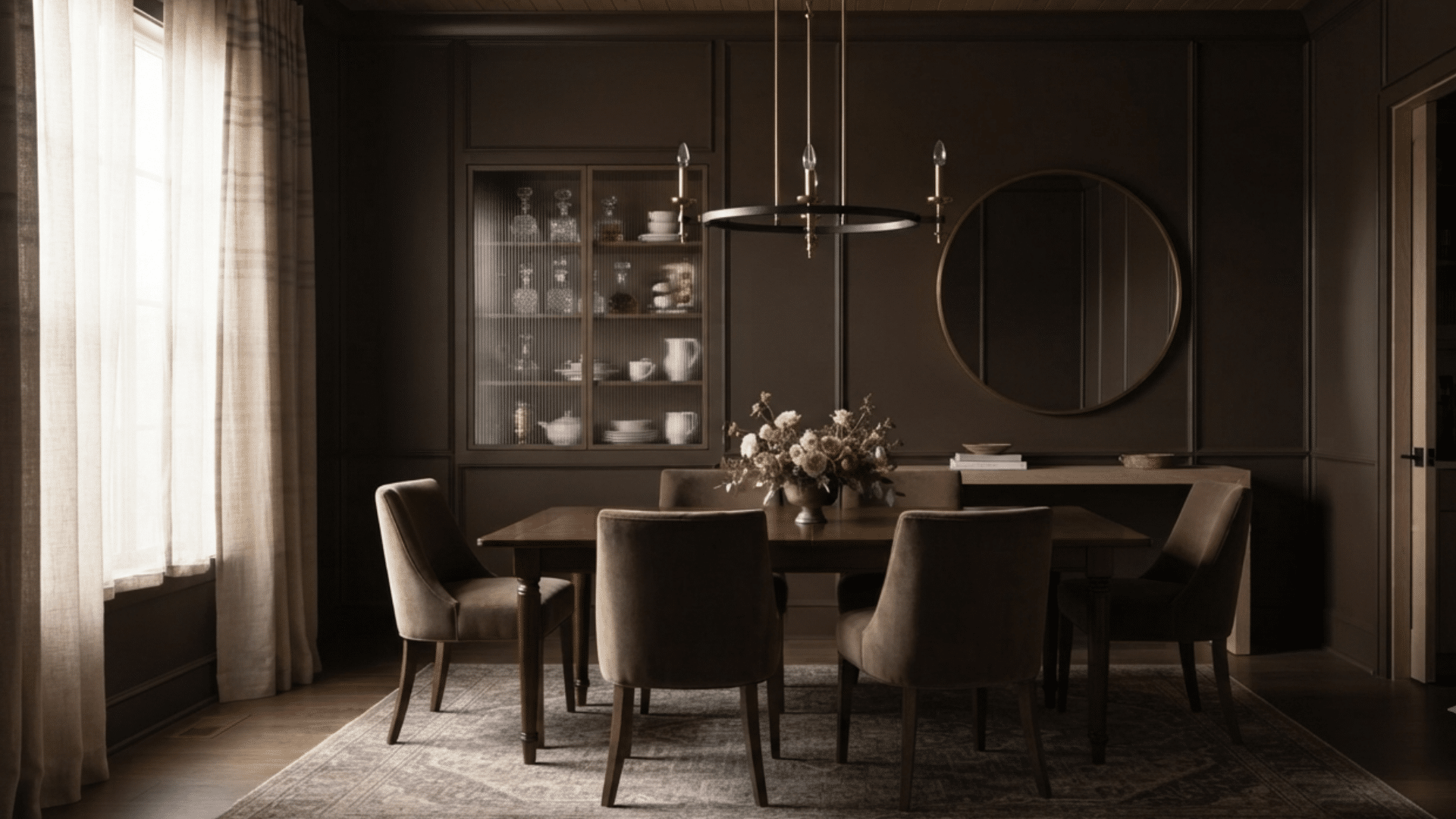 modern dining room with dark wood walls wooden table cushioned chairs floral centerpiece and round mirror by sunlit windows
