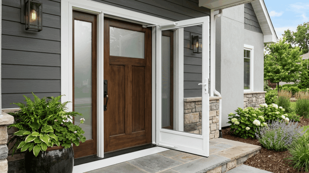 modern front entry with a wooden door and open white storm door surrounded by stone accents and garden