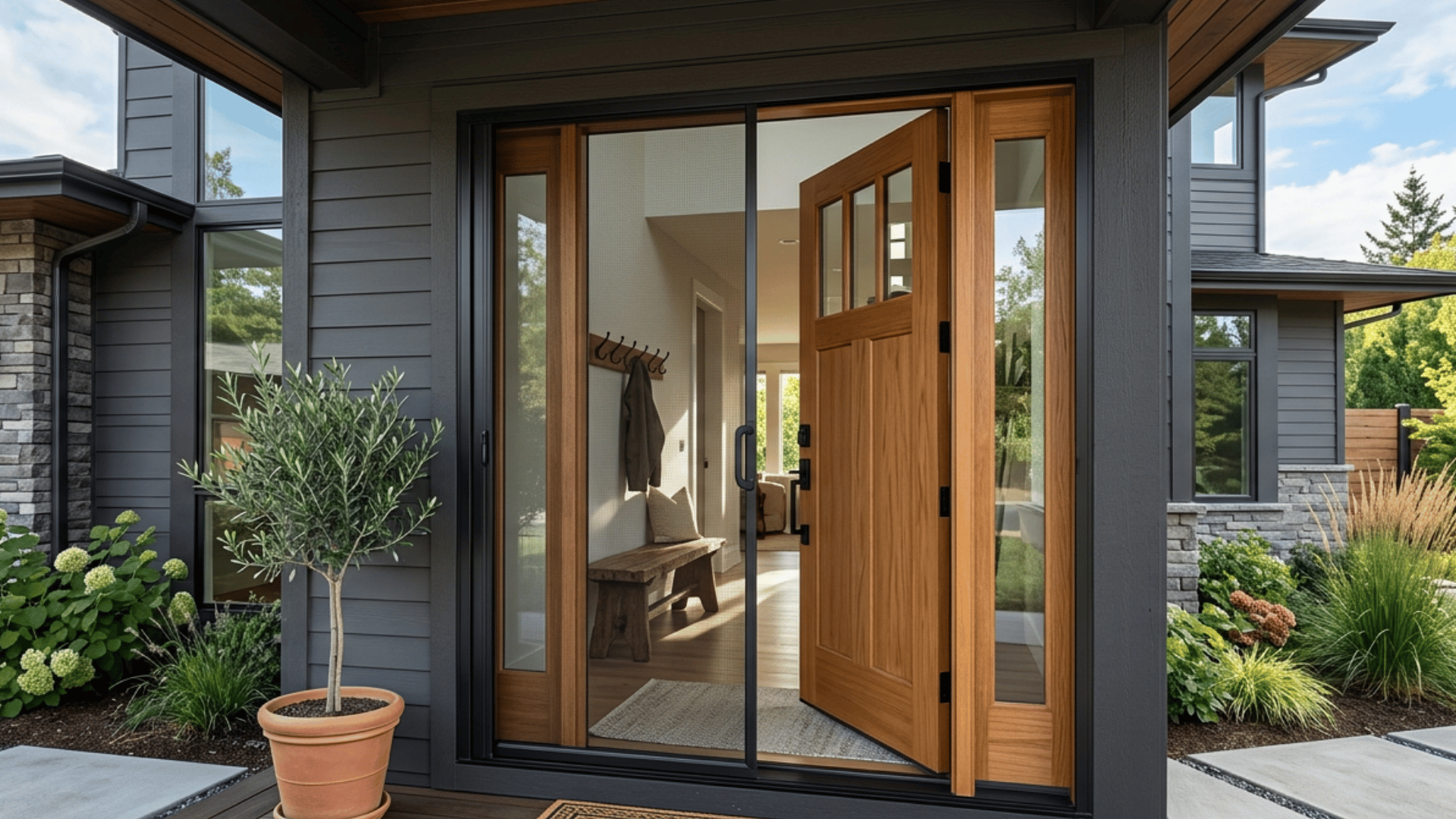 modern home entrance with an open wooden front door and sliding screen surrounded by landscaped plants and a welcome mat