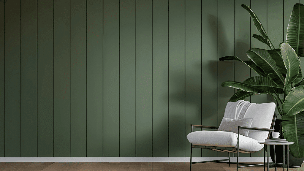 modern interior with green paneled wall white lounge chair side table and large tropical plant