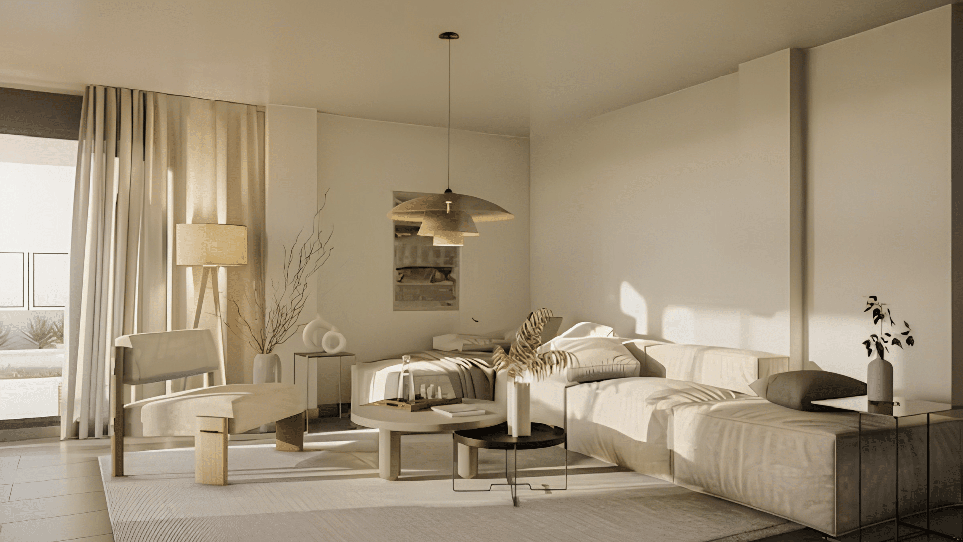 modern living room with beige sofa armchair and coffee tables in a bright minimalist interior with soft natural light